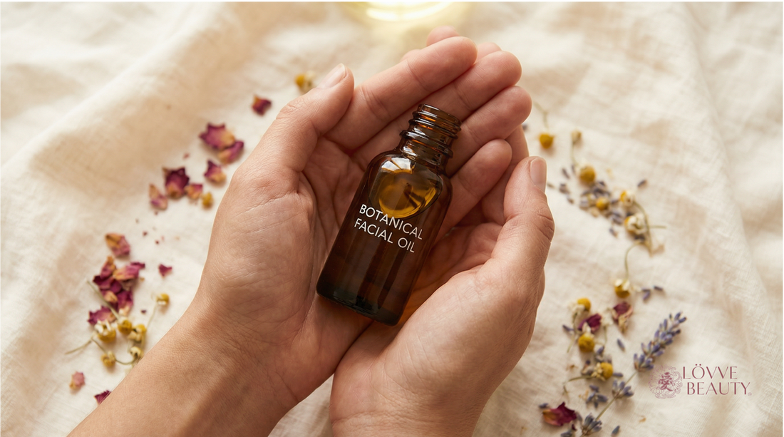 Gentle skincare for acne-prone sensitive skin, showing supportive hands holding botanical oil for adult acne and aging