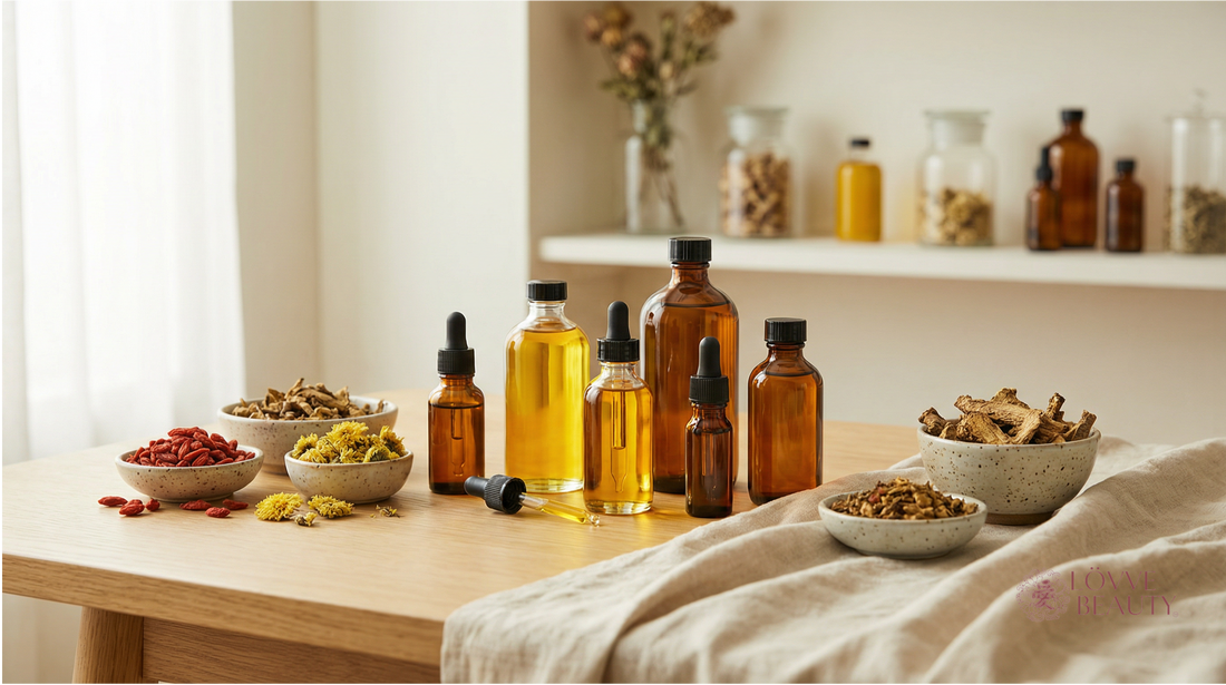 Unrefined, living medicine skincare ingredients displayed in an apothecary setting, supporting sensitive and acne-prone skin